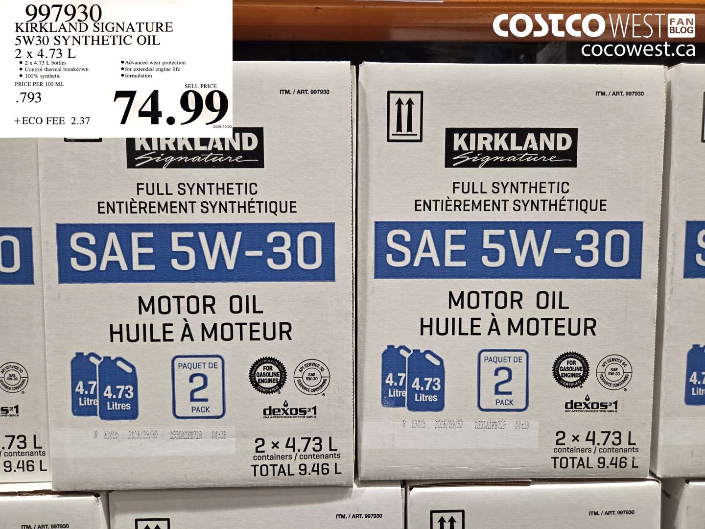 997930 KIRKLAND SIGNATURE 5W30 SYNTHETIC OIL 2 X 4.73 L $74.99