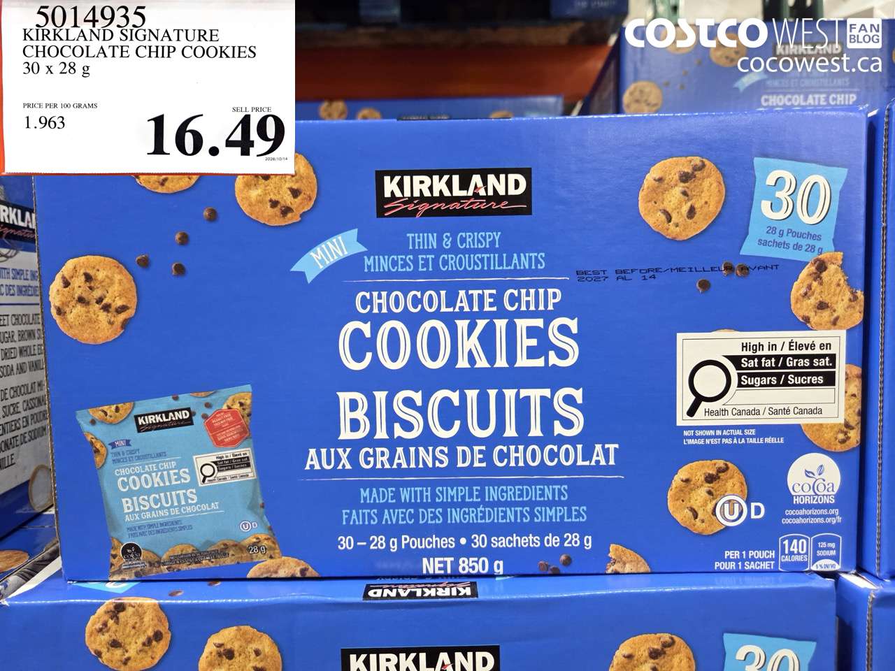 5014935 KIRKLAND SIGNATURE CHOCOLATE CHIP COOKIES 30 X 28 G $16.49