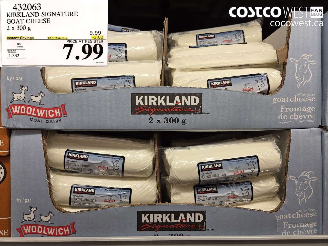 432063 KIRKLAND SIGNATURE GOAT CHEESE 2 X 300 G ($2.00 INSTANT SAVINGS EXPIRES ON 2026-10-04) $7.99