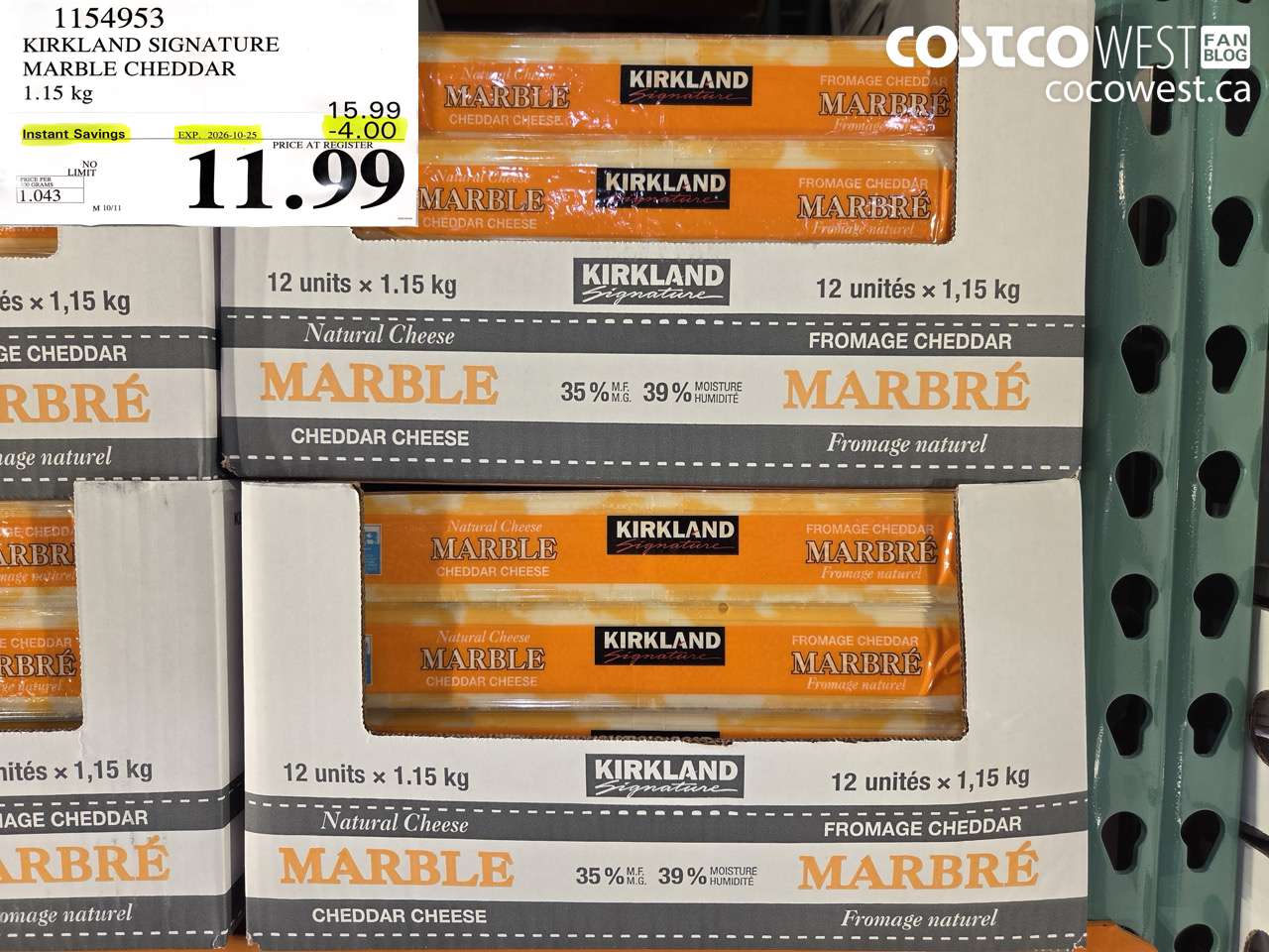 1154953 KIRKLAND SIGNATURE MARBLE CHEDDAR 1.15 KG ($4.00 INSTANT SAVINGS EXPIRES ON 2026-10-25) $11.99