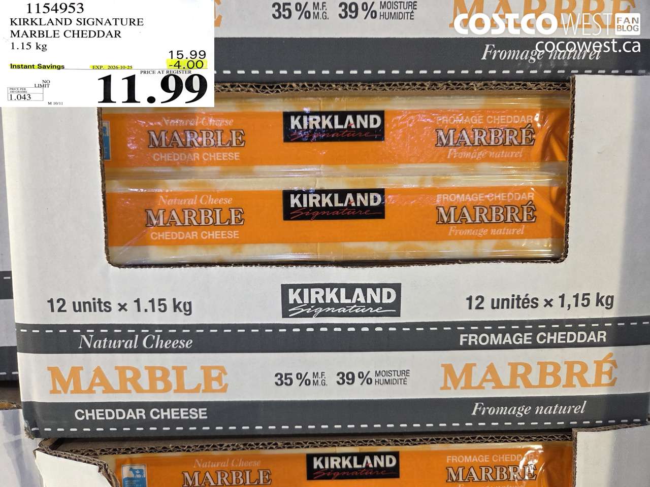 1154953 KIRKLAND SIGNATURE MARBLE CHEDDAR 1.15 KG ($4.00 INSTANT SAVINGS EXPIRES ON 2026-10-25) $11.99