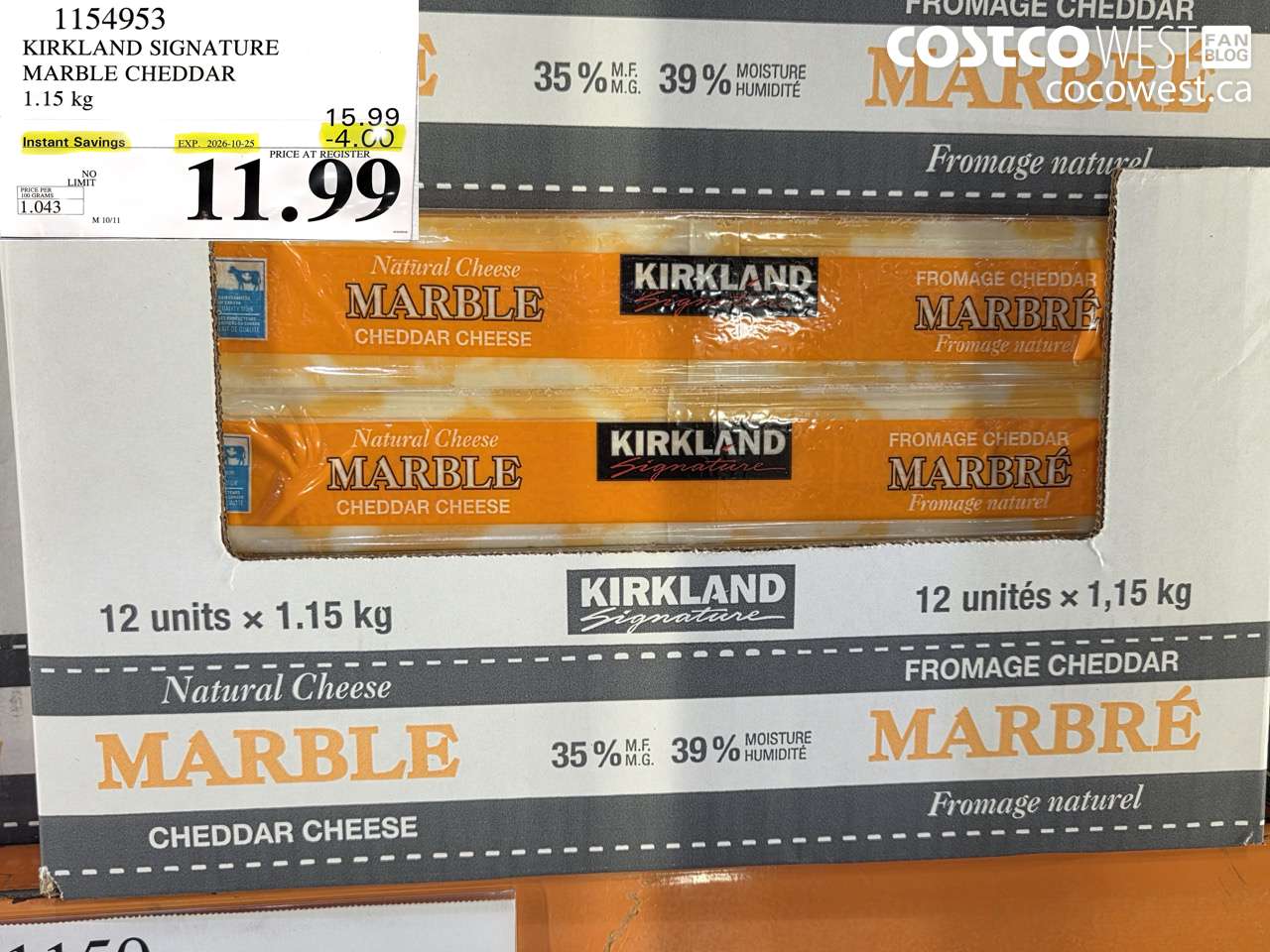 1154953 KIRKLAND SIGNATURE MARBLE CHEDDAR 1.15 KG ($4.00 INSTANT SAVINGS EXPIRES ON 2026-10-25) $11.99