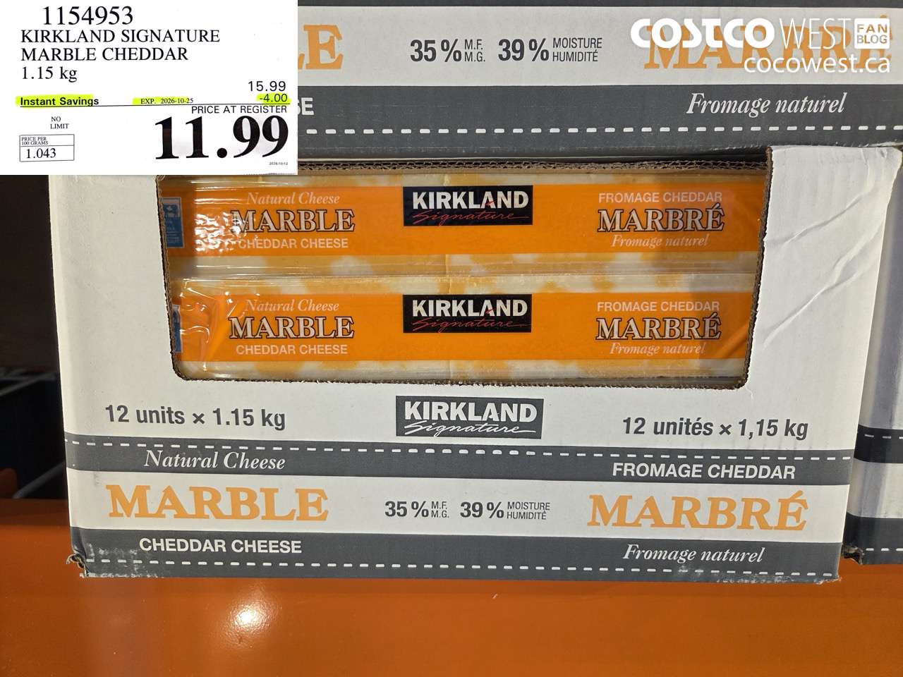 1154953 KIRKLAND SIGNATURE MARBLE CHEDDAR 1.15 KG ($4.00 INSTANT SAVINGS EXPIRES ON 2026-10-25) $11.99