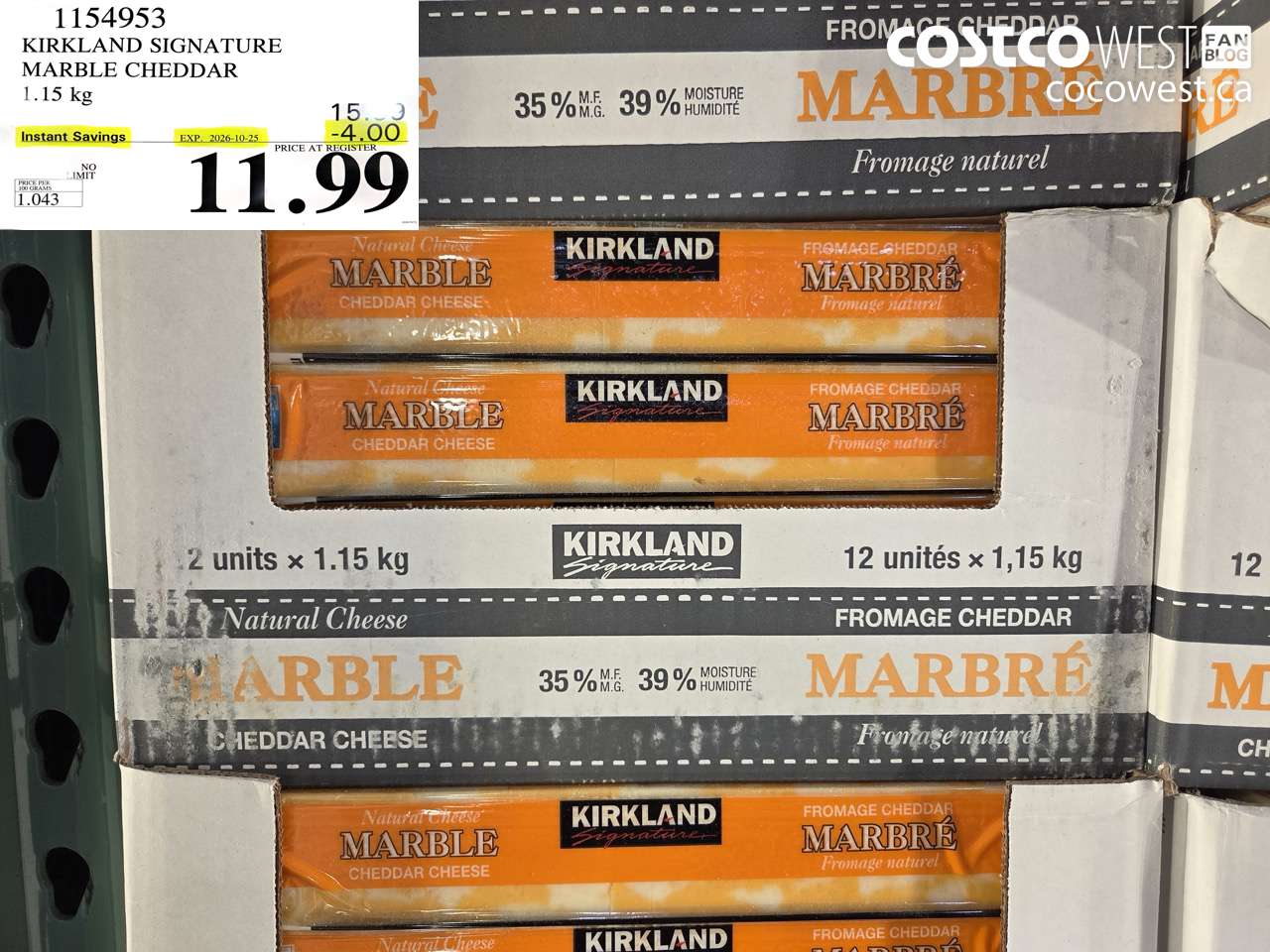 1154953 KIRKLAND SIGNATURE MARBLE CHEDDAR 1.15 KG ($4.00 INSTANT SAVINGS EXPIRES ON 2026-10-25) $11.99