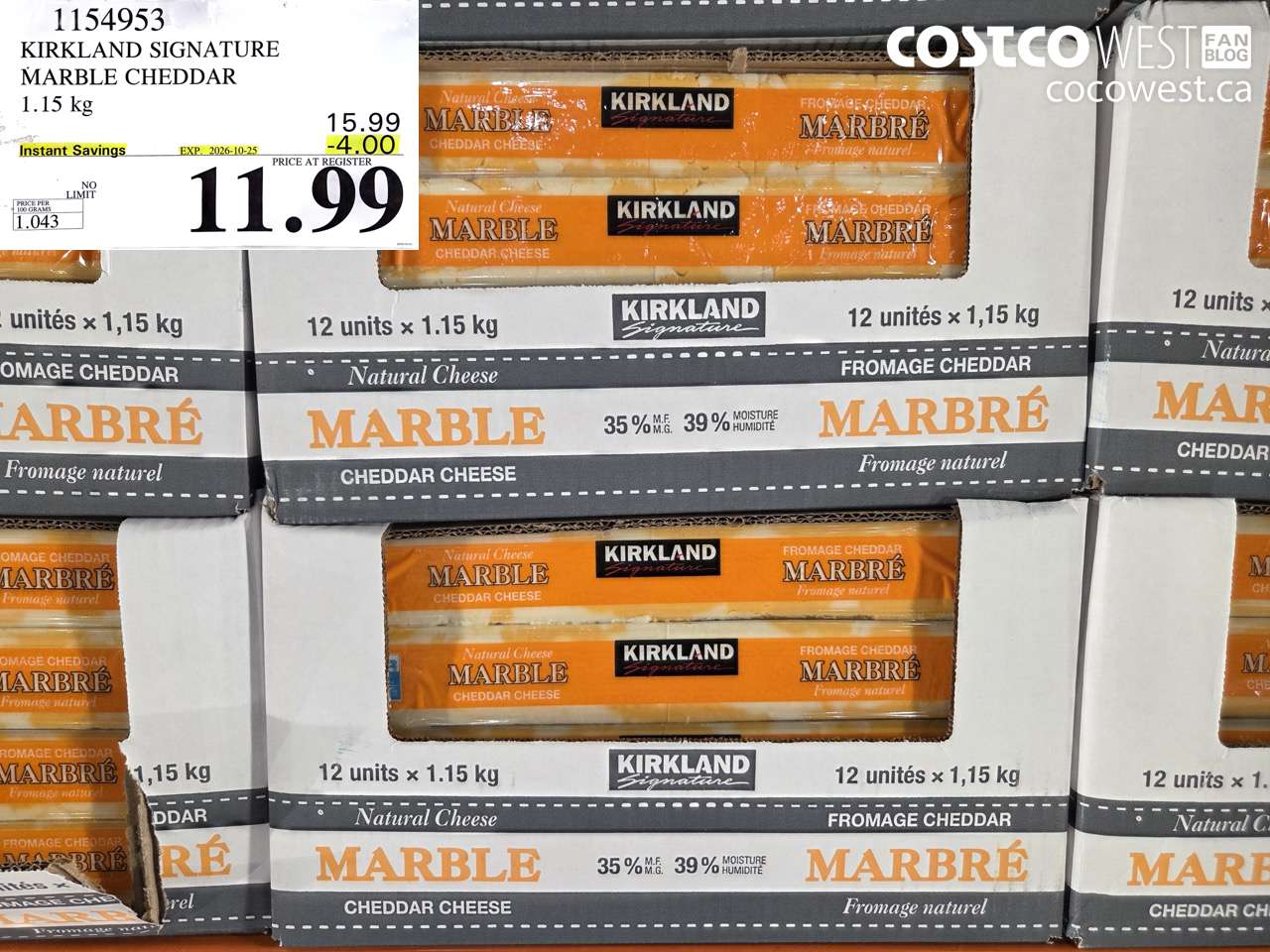 1154953 KIRKLAND SIGNATURE MARBLE CHEDDAR 1.15 KG ($4.00 INSTANT SAVINGS EXPIRES ON 2026-10-25) $11.99