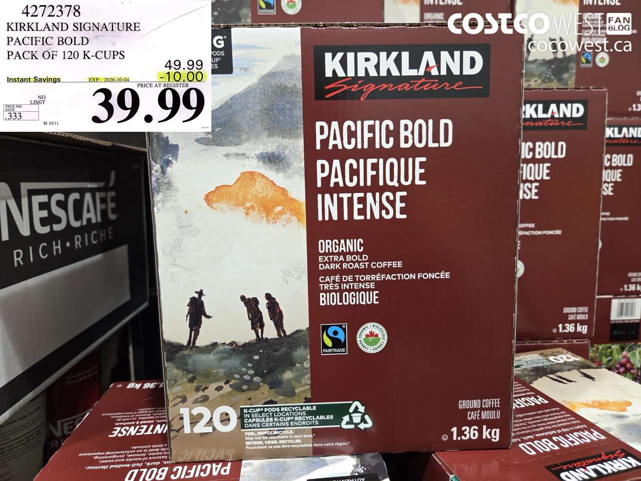 4272378 KIRKLAND SIGNATURE PACIFIC BOLD PACK OF 120 K-CUPS ($10.00 INSTANT SAVINGS EXPIRES ON 2026-10-04) $39.99