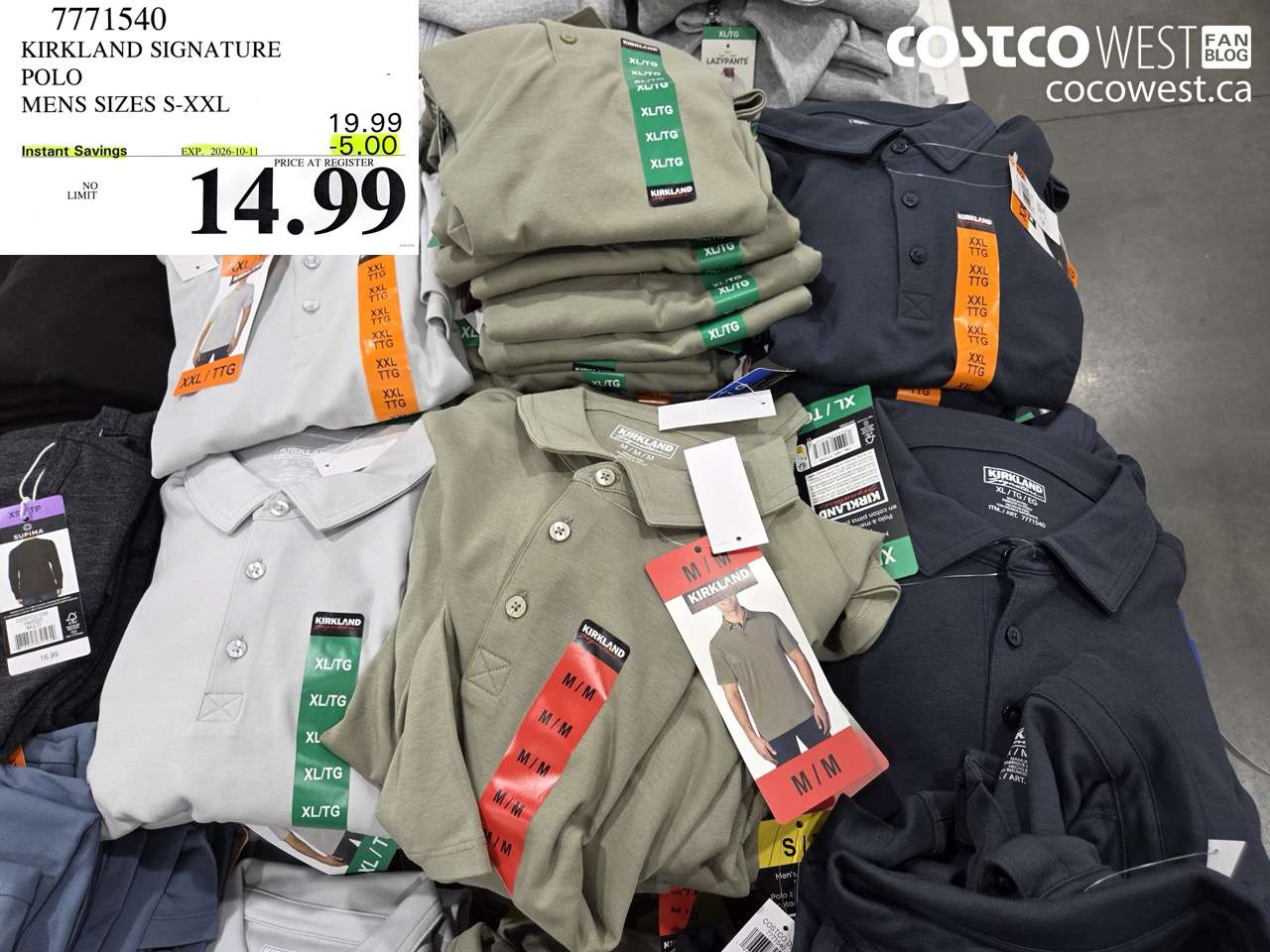 7771540 KIRKLAND SIGNATURE POLO MENS SIZES S-XXL ($5.00 INSTANT SAVINGS EXPIRES ON 2026-10-11) $14.99