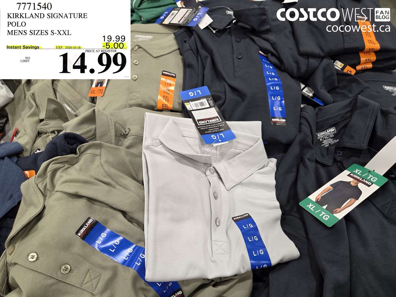 7771540 KIRKLAND SIGNATURE POLO MENS SIZES S-XXL ($5.00 INSTANT SAVINGS EXPIRES ON 2026-10-18) $14.99