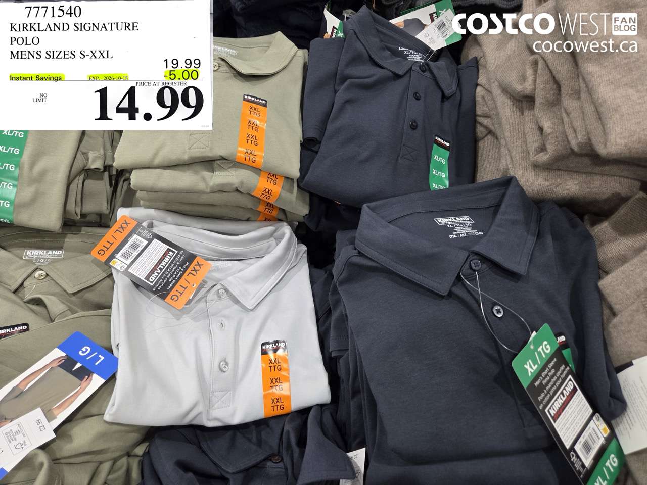 7771540 KIRKLAND SIGNATURE POLO MENS SIZES S-XXL ($5.00 INSTANT SAVINGS EXPIRES ON 2026-10-18) $14.99