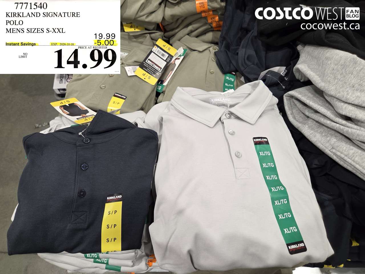 7771540 KIRKLAND SIGNATURE POLO MENS SIZES S-XXL ($5.00 INSTANT SAVINGS EXPIRES ON 2026-10-18) $14.99