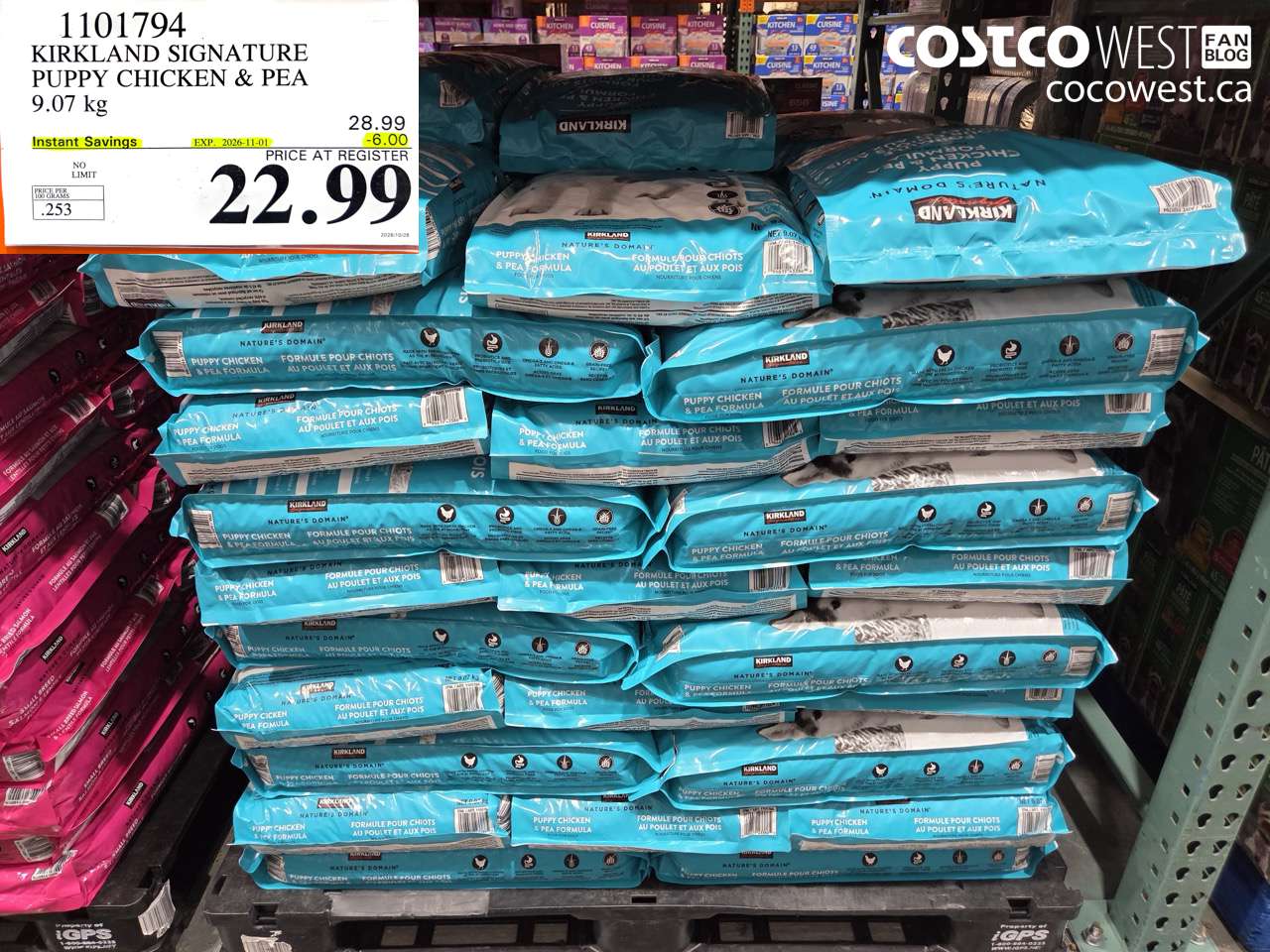 1101794 KIRKLAND SIGNATURE PUPPY CHICKEN & PEA 9.07 KG ($6.00 INSTANT SAVINGS EXPIRES ON 2026-11-01) $22.99