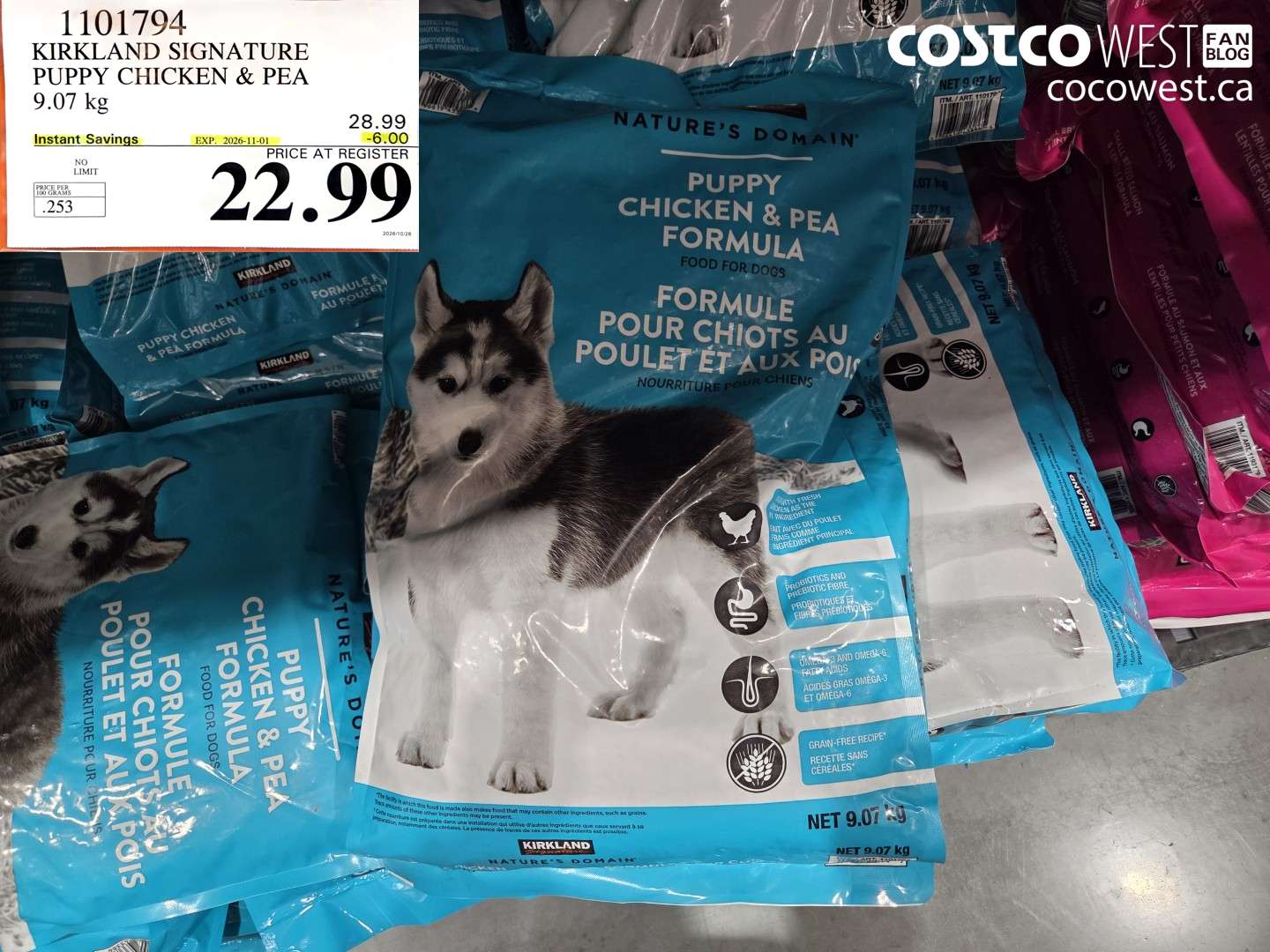1101794 KIRKLAND SIGNATURE PUPPY CHICKEN & PEA 9.07 KG ($6.00 INSTANT SAVINGS EXPIRES ON 2026-11-01) $22.99