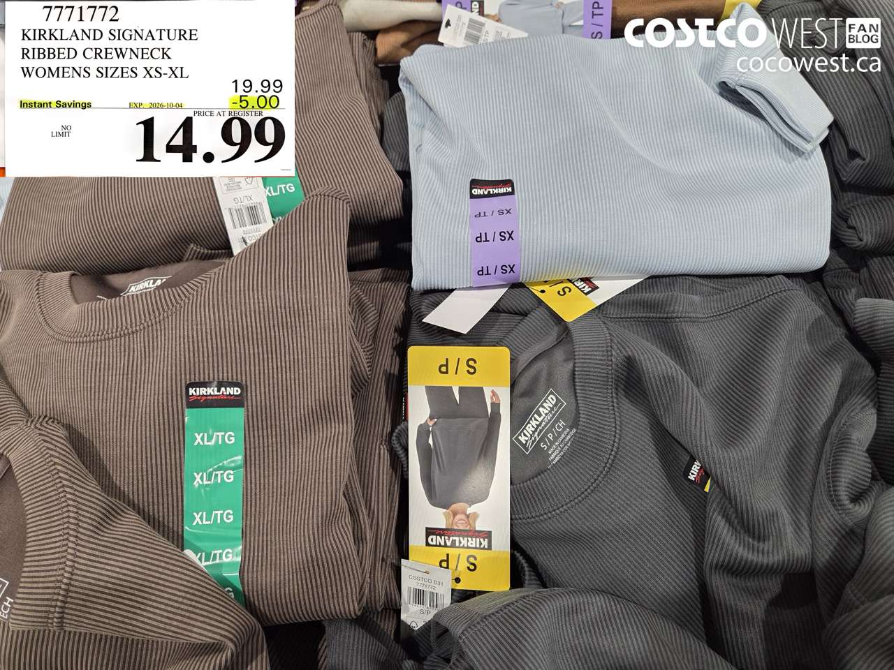 7771772 KIRKLAND SIGNATURE RIBBED CREWNECK WOMENS SIZES XS-XL ($5.00 INSTANT SAVINGS EXPIRES ON 2026-10-04) $14.99