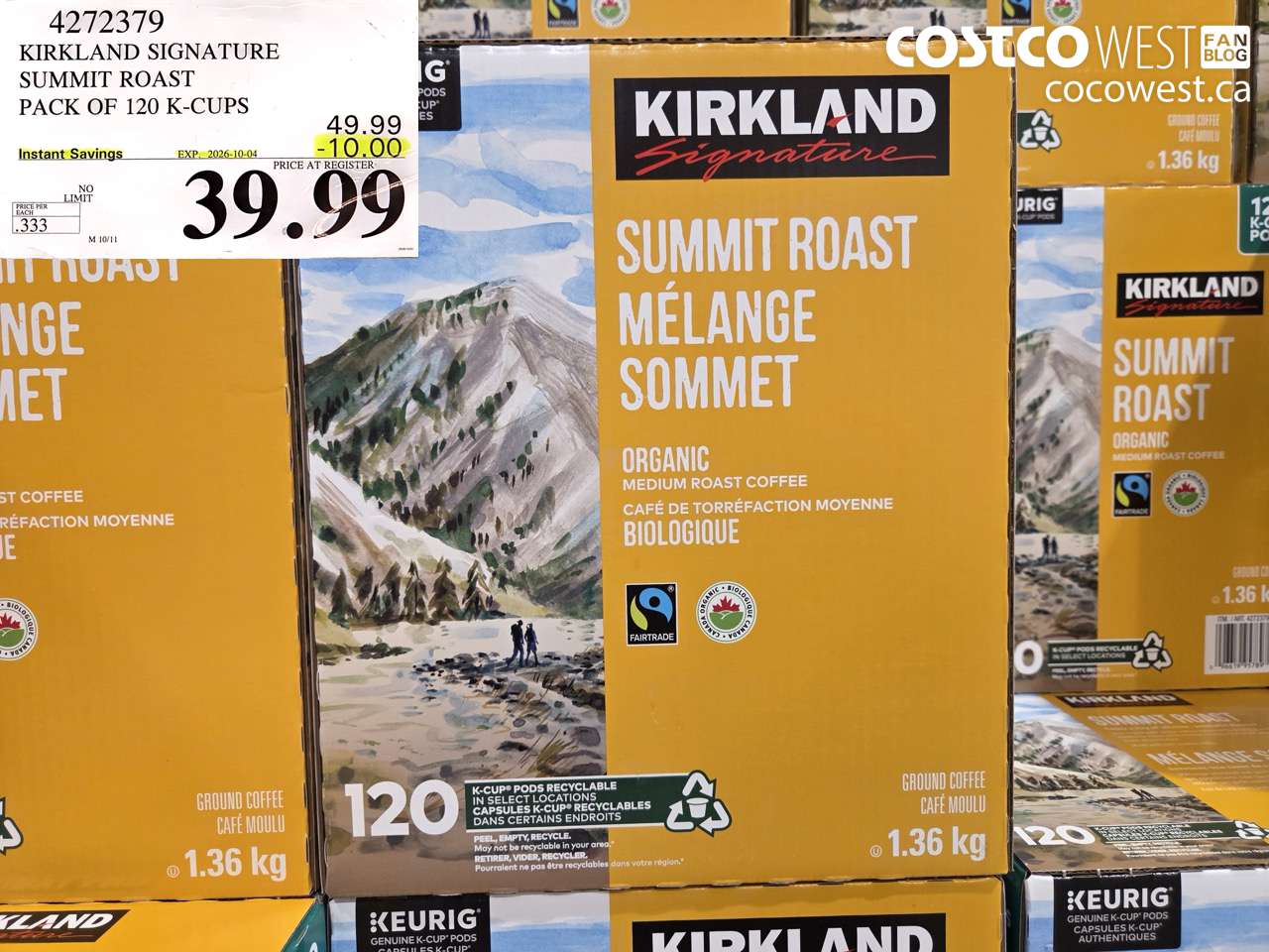 4272379 KIRKLAND SIGNATURE SUMMIT ROAST PACK OF 120 K-CUPS ($10.00 INSTANT SAVINGS EXPIRES ON 2026-10-04) $39.99