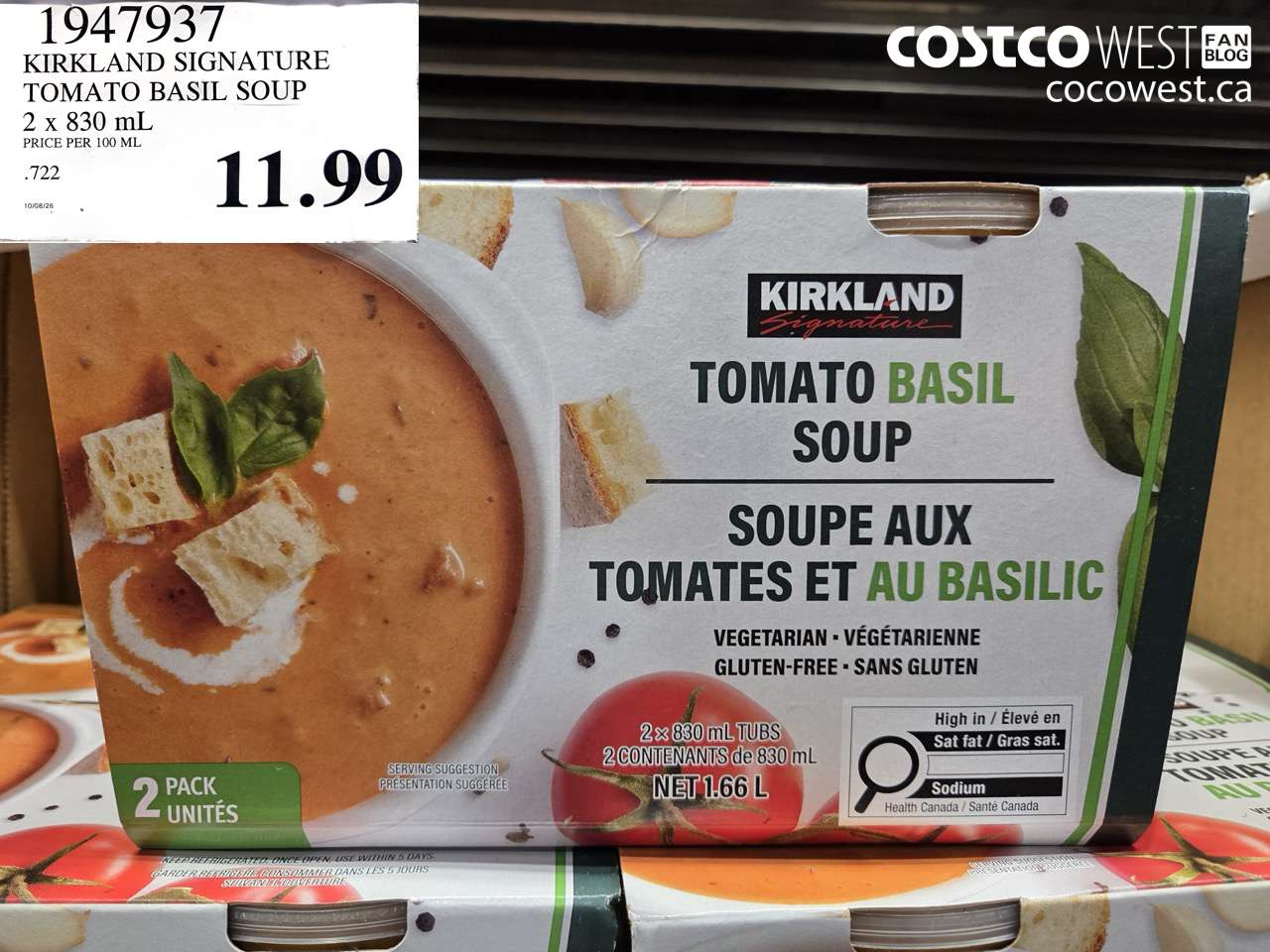 1947937 KIRKLAND SIGNATURE TOMATO BASIL SOUP 2 X 830 ML $11.99