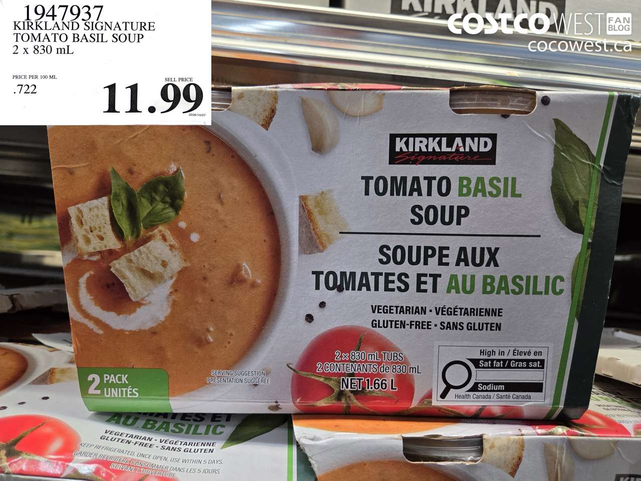 1947937 KIRKLAND SIGNATURE TOMATO BASIL SOUP 2 X 830 ML $11.99