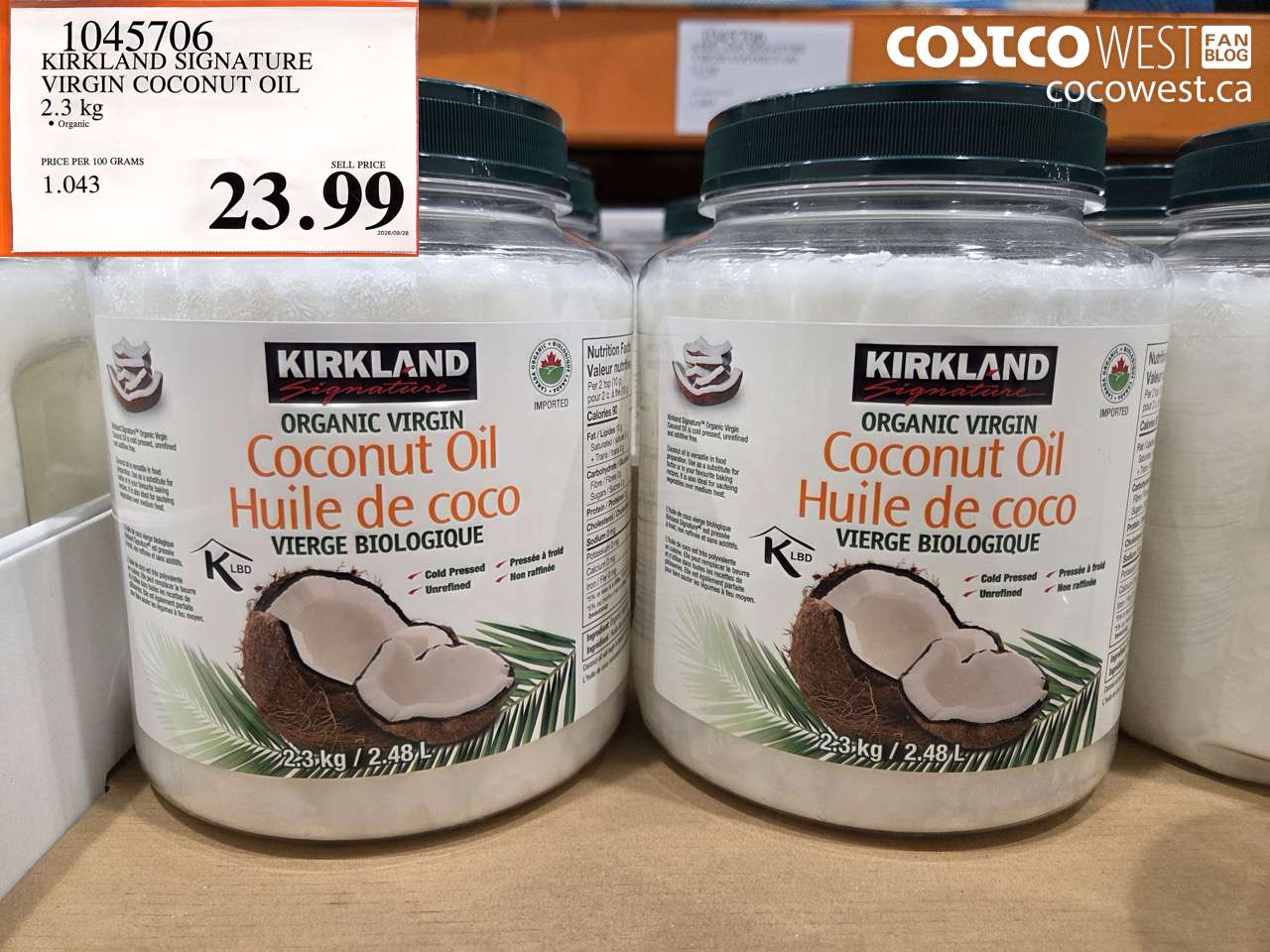 1045706 KIRKLAND SIGNATURE VIRGIN COCONUT OIL 2.3 KG $23.99
