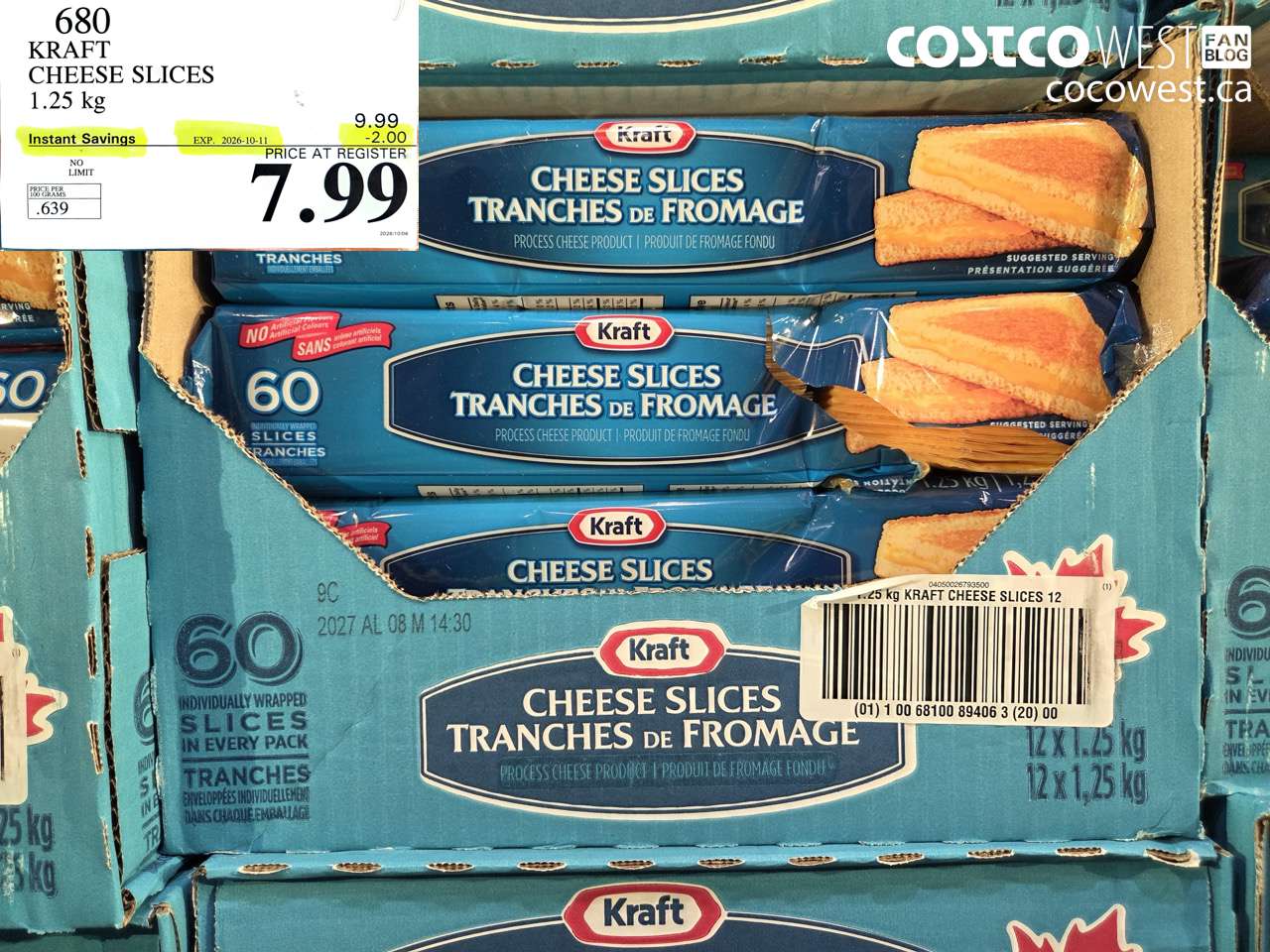 680 KRAFT CHEESE SLICES 1.25 KG ($2.00 INSTANT SAVINGS EXPIRES ON 2026-10-11) $7.99