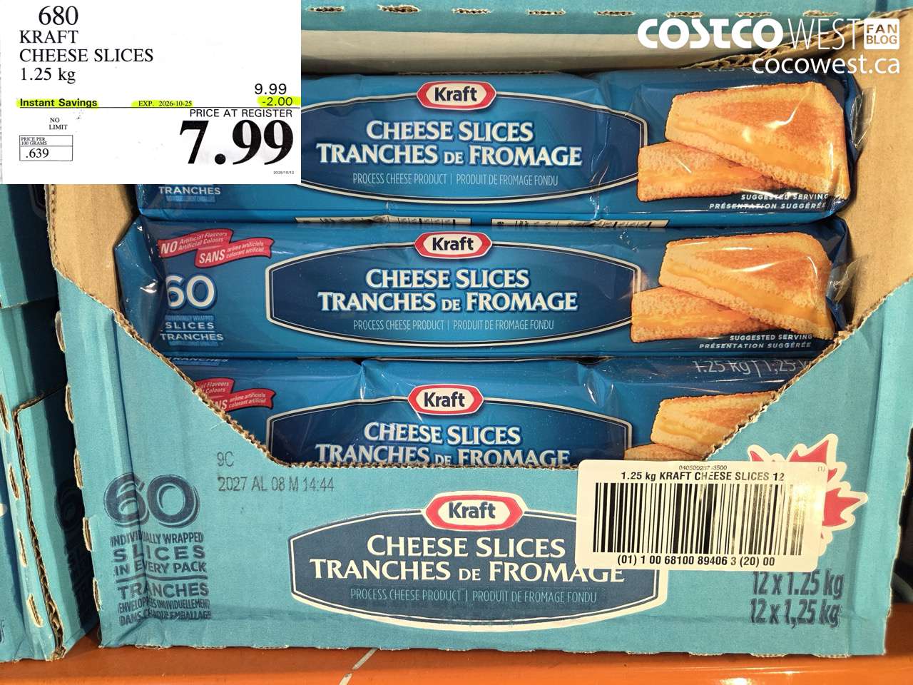 680 KRAFT CHEESE SLICES 1.25 KG ($2.00 INSTANT SAVINGS EXPIRES ON 2026-10-25) $7.99