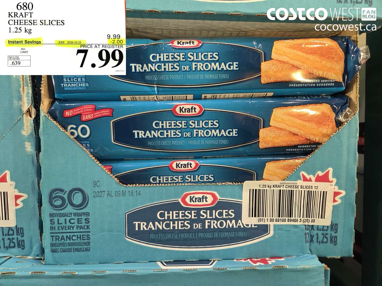 680 KRAFT CHEESE SLICES 1.25 KG ($2.00 INSTANT SAVINGS EXPIRES ON 2026-10-25) $7.99