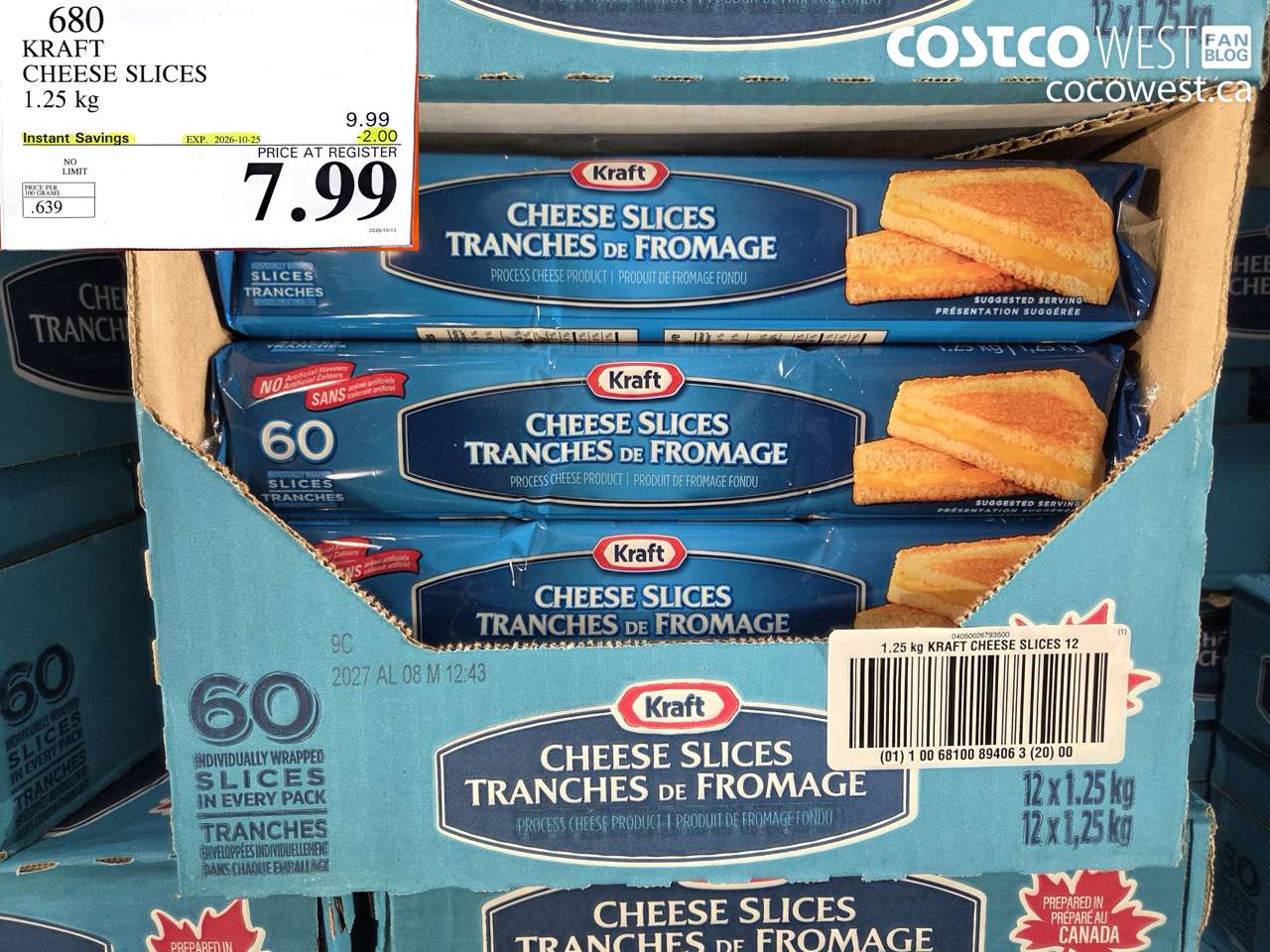 680 KRAFT CHEESE SLICES 1.25 KG ($2.00 INSTANT SAVINGS EXPIRES ON 2026-10-25) $7.99