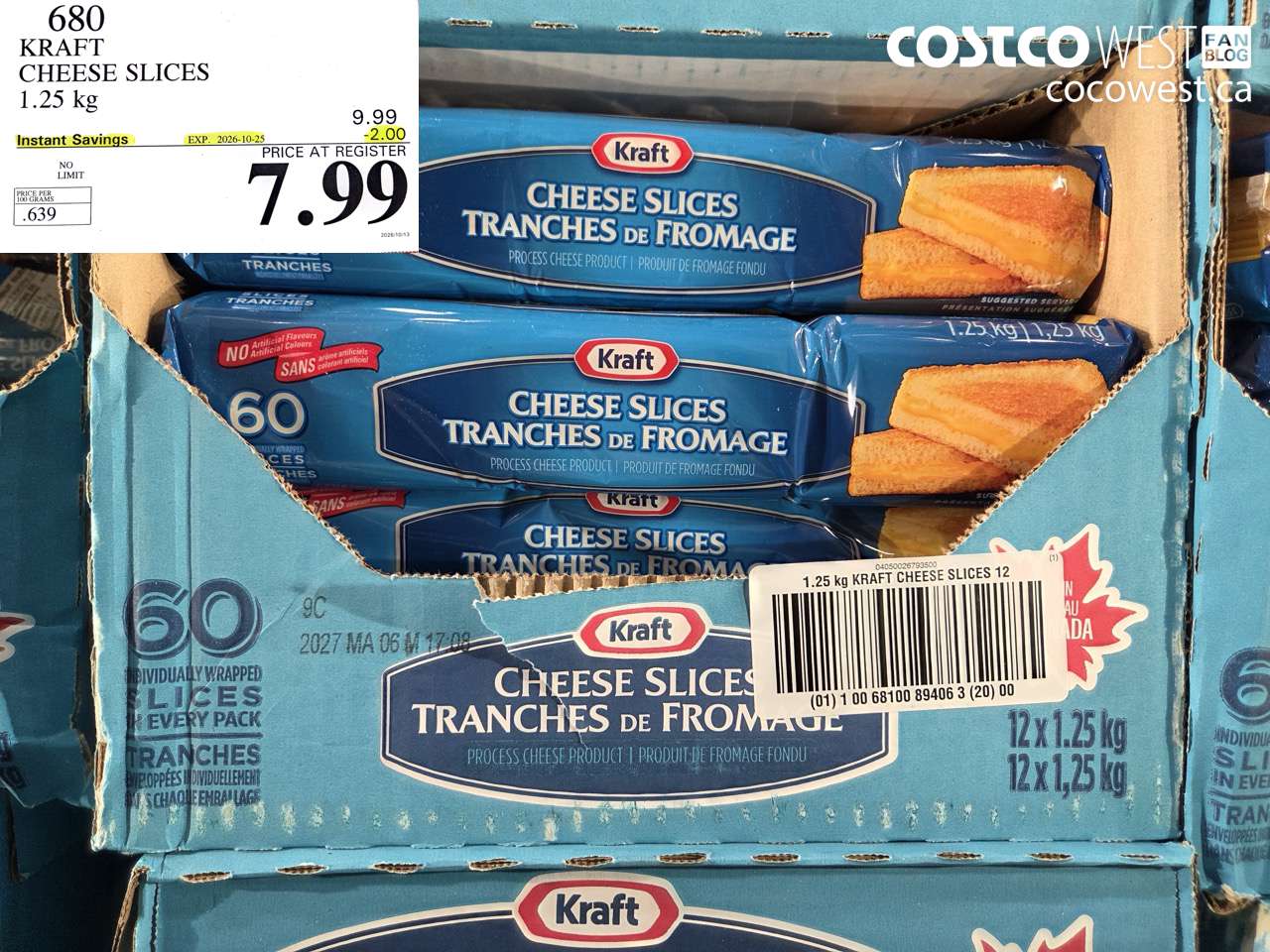 680 KRAFT CHEESE SLICES 1.25 KG ($2.00 INSTANT SAVINGS EXPIRES ON 2026-10-25) $7.99