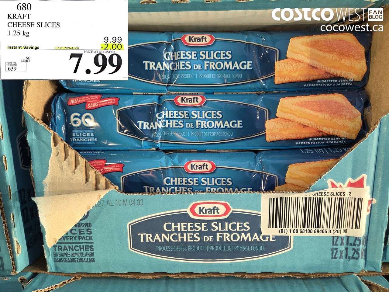 680 KRAFT CHEESE SLICES 1.25 KG ($2.00 INSTANT SAVINGS EXPIRES ON 2026-11-08) $7.99
