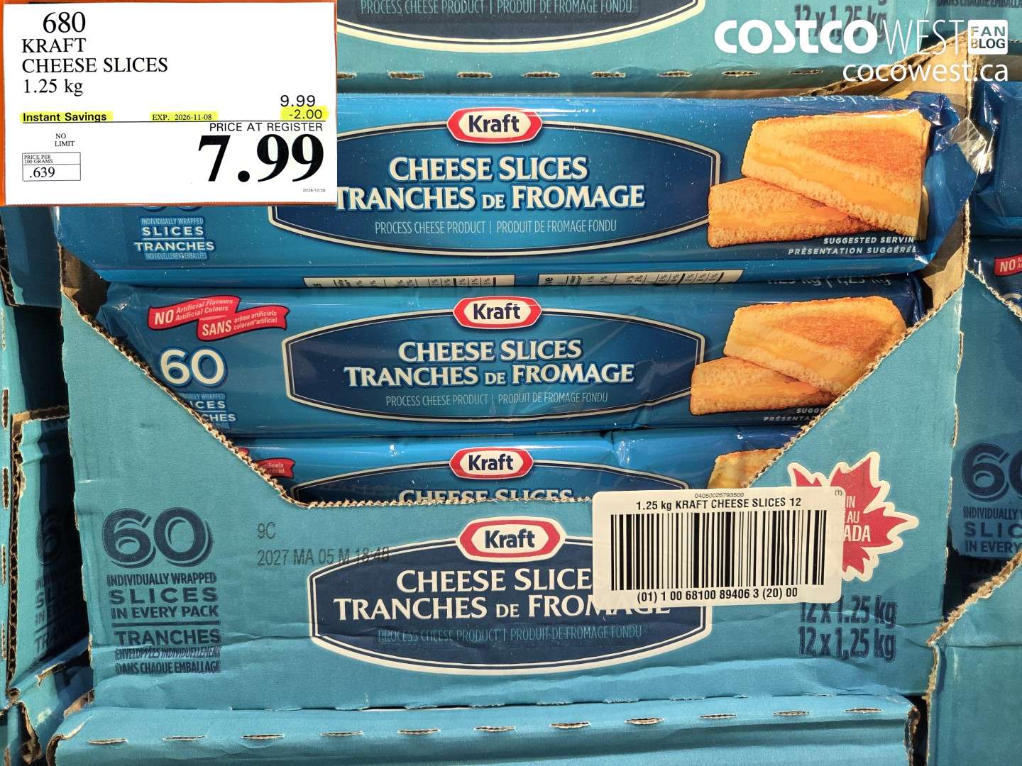 680 KRAFT CHEESE SLICES 1.25 KG ($2.00 INSTANT SAVINGS EXPIRES ON 2026-11-08) $7.99