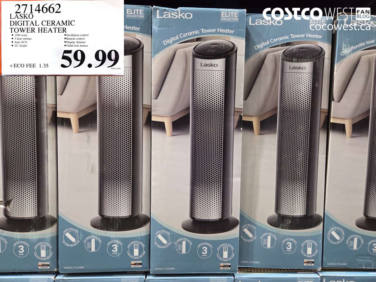2714662 LASKO DIGITAL CERAMIC TOWER HEATER $59.99