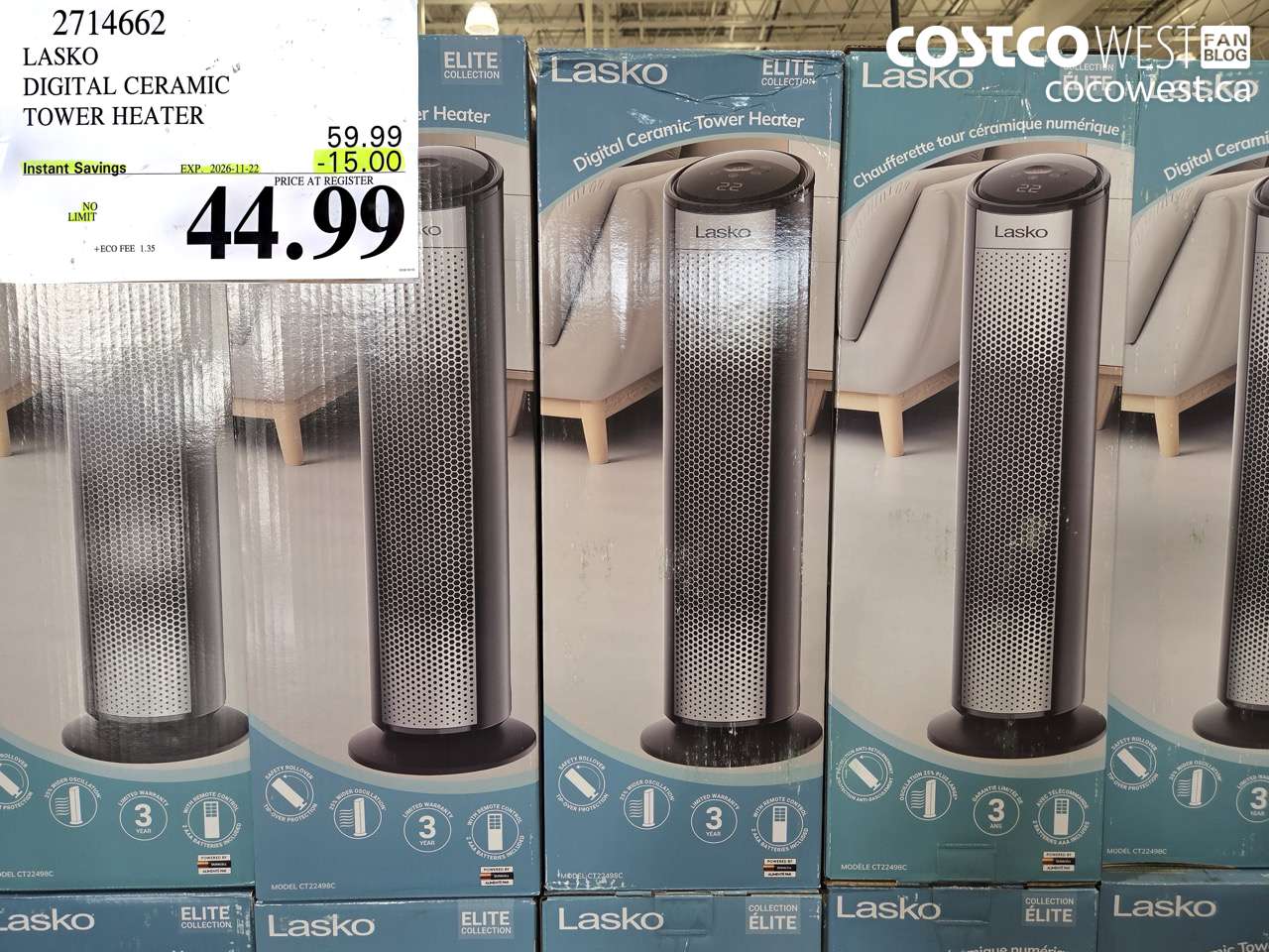 2714662 LASKO DIGITAL CERAMIC TOWER HEATER ($15.00 INSTANT SAVINGS EXPIRES ON 2026-11-22) $44.99