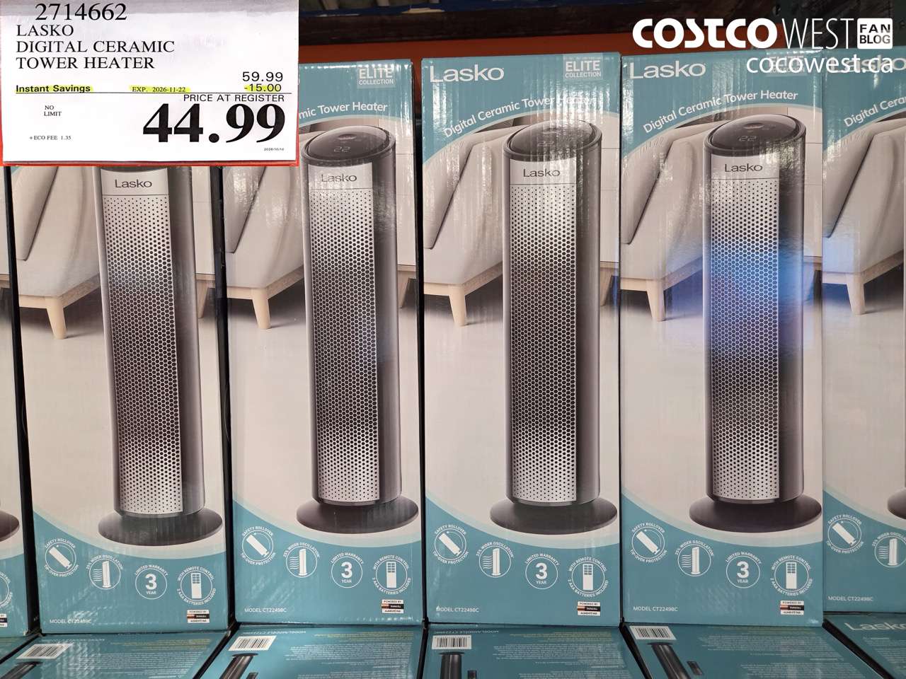 2714662 LASKO DIGITAL CERAMIC TOWER HEATER ($15.00 INSTANT SAVINGS EXPIRES ON 2026-11-22) $44.99
