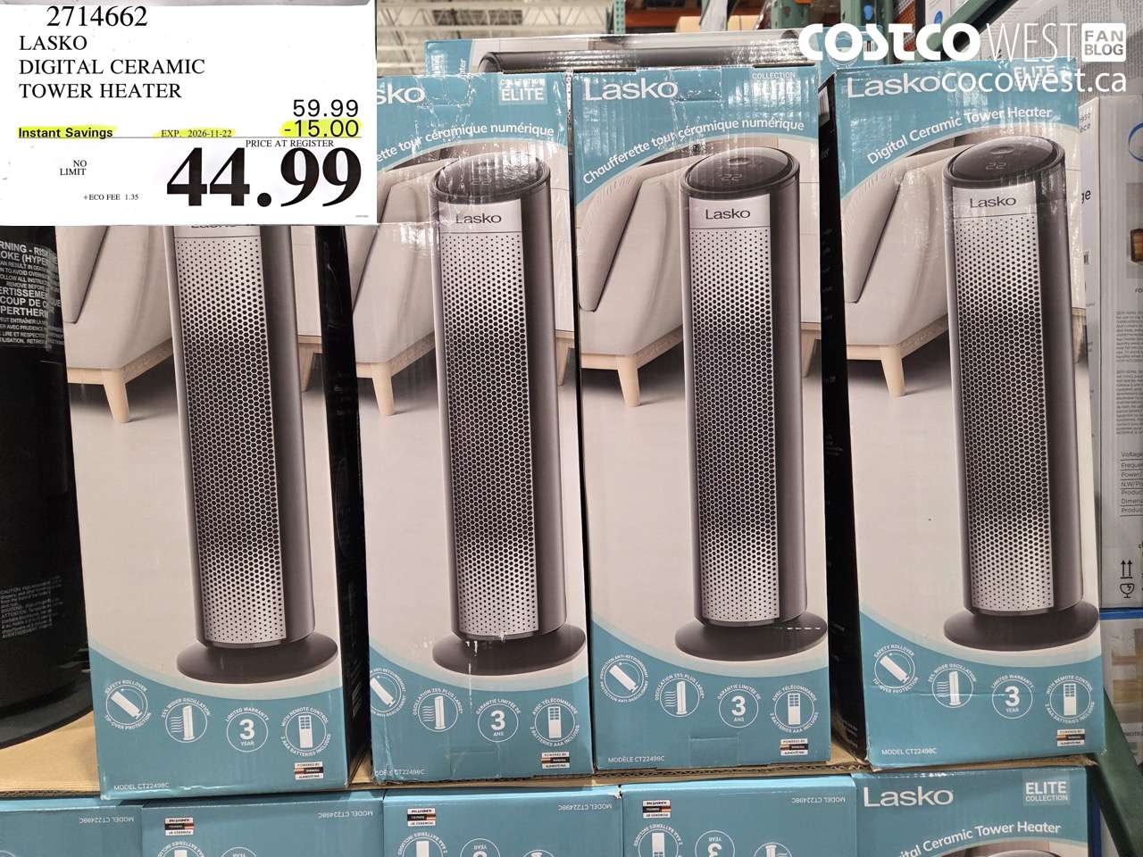 2714662 LASKO DIGITAL CERAMIC TOWER HEATER ($15.00 INSTANT SAVINGS EXPIRES ON 2026-11-22) $44.99
