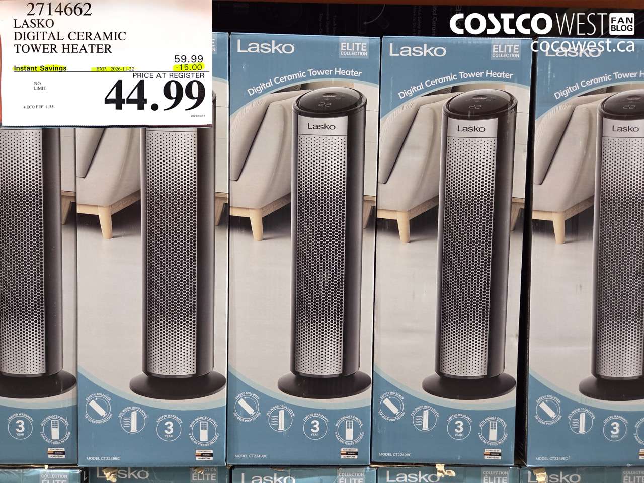 2714662 LASKO DIGITAL CERAMIC TOWER HEATER ($15.00 INSTANT SAVINGS EXPIRES ON 2026-11-22) $44.99