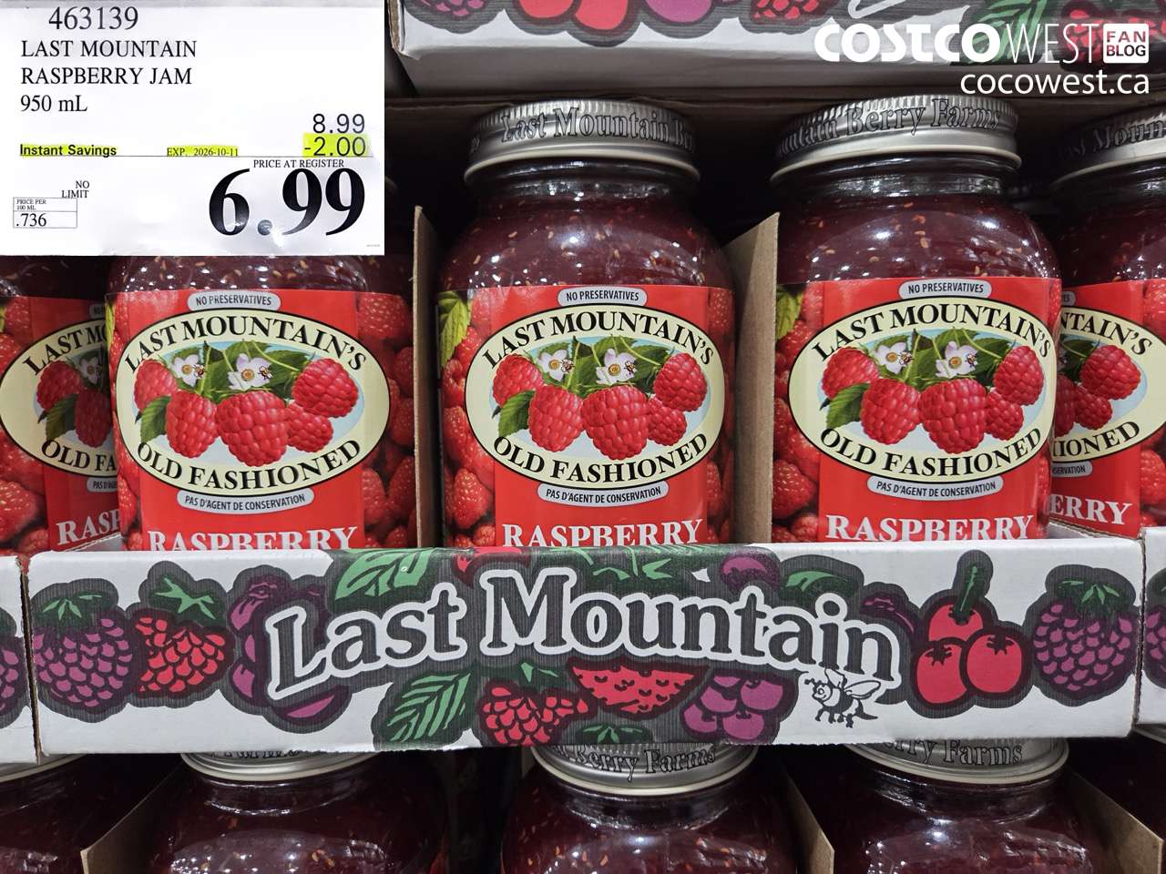 463139 LAST MOUNTAIN RASPBERRY JAM 950 ML ($2.00 INSTANT SAVINGS EXPIRES ON 2026-10-11) $6.99