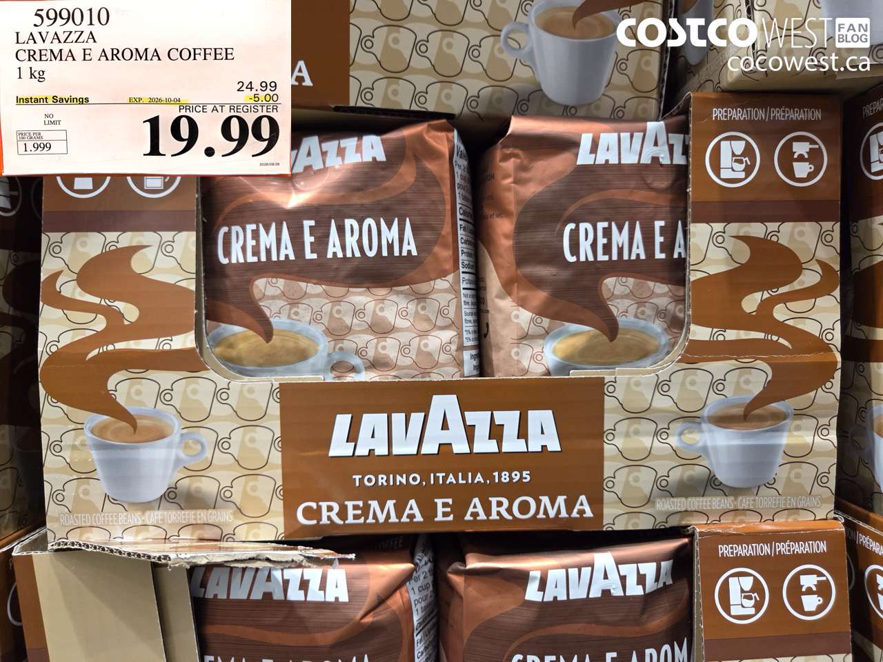 599010 LAVAZZA CREMA E AROMA COFFEE 1 KG ($5.00 INSTANT SAVINGS EXPIRES ON 2026-10-04) $19.99