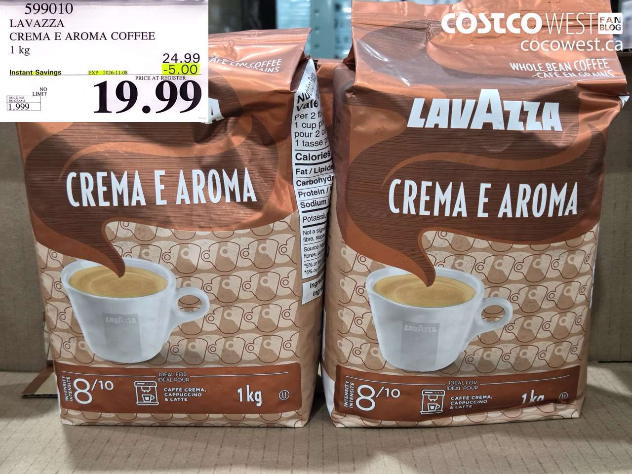 599010 LAVAZZA CREMA E AROMA COFFEE 1 KG ($5.00 INSTANT SAVINGS EXPIRES ON 2026-11-08) $19.99