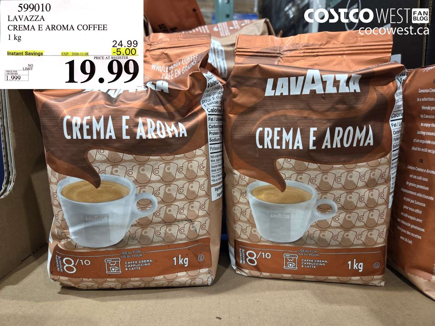 599010 LAVAZZA CREMA E AROMA COFFEE 1 KG ($5.00 INSTANT SAVINGS EXPIRES ON 2026-11-08) $19.99