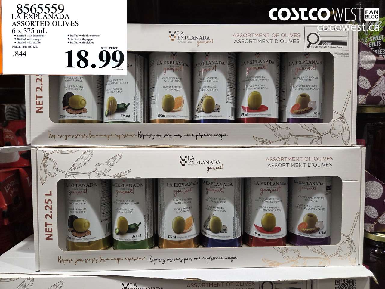8565559 LA EXPLANADA ASSORTED OLIVES 6 X 375 ML $18.99