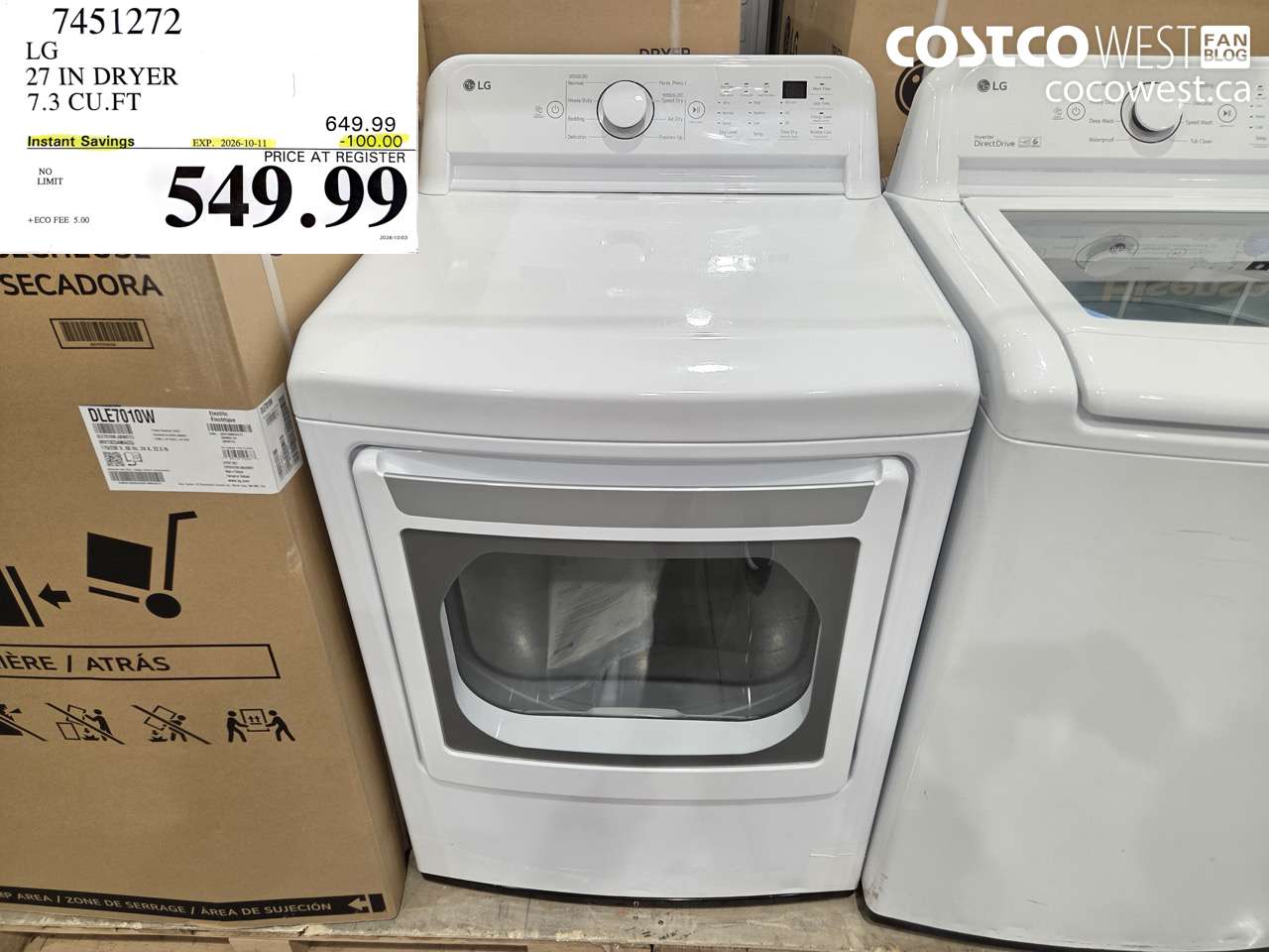 7451272 LG 27 IN DRYER 7.3 CU.FT ($100.00 INSTANT SAVINGS EXPIRES ON 2026-10-11) $549.99