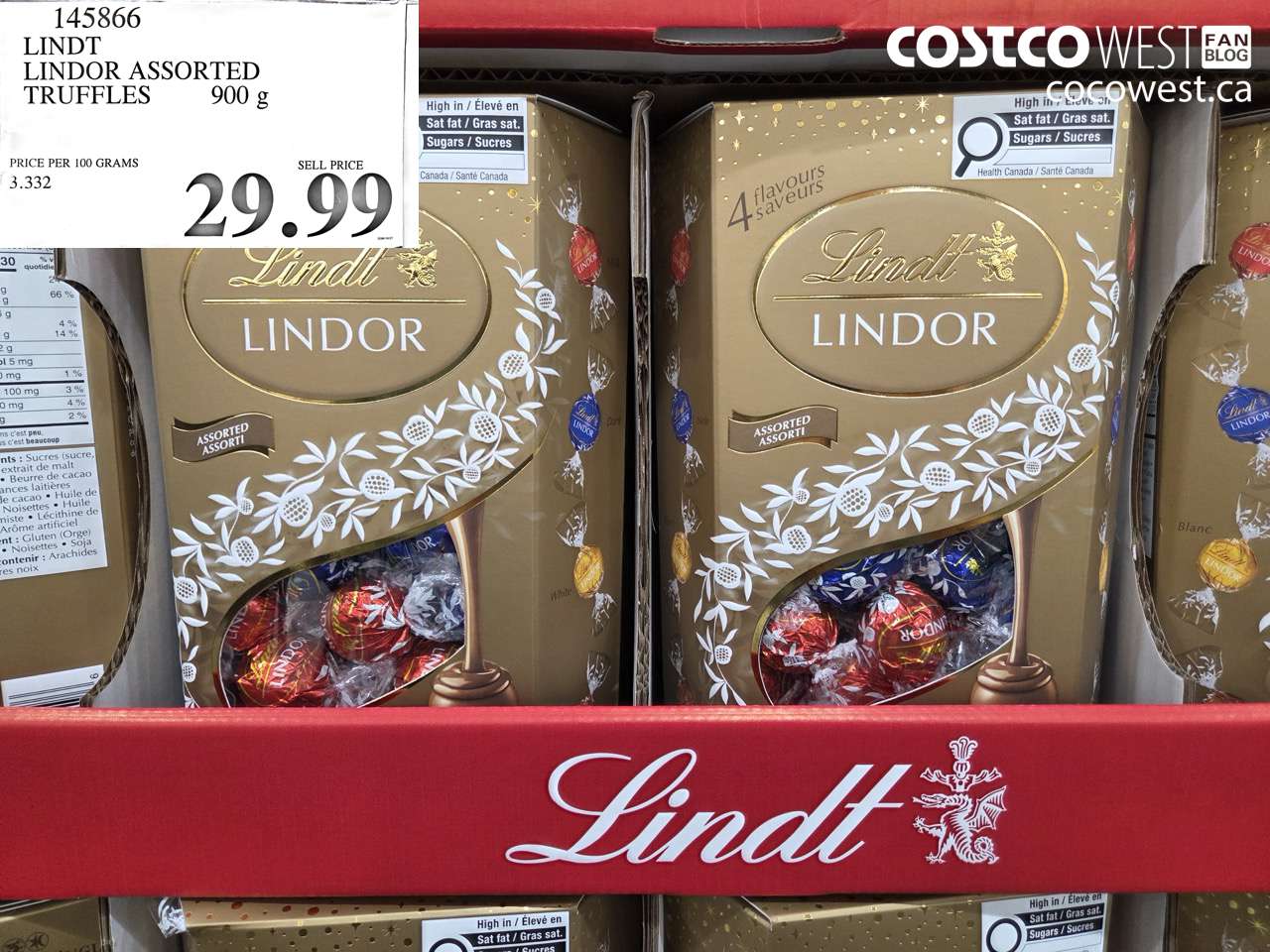 145866 LINDT LINDOR ASSORTED TRUFFLES 900 G $29.99