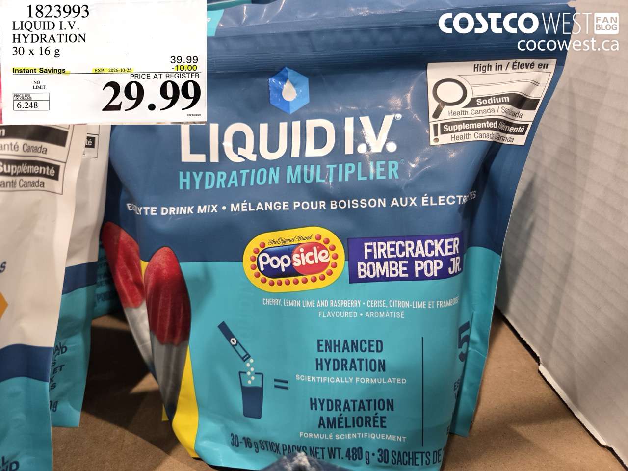 1823993 LIQUID I.V. HYDRATION 30 X 16 G ($10.00 INSTANT SAVINGS EXPIRES ON 2026-10-25) $29.99