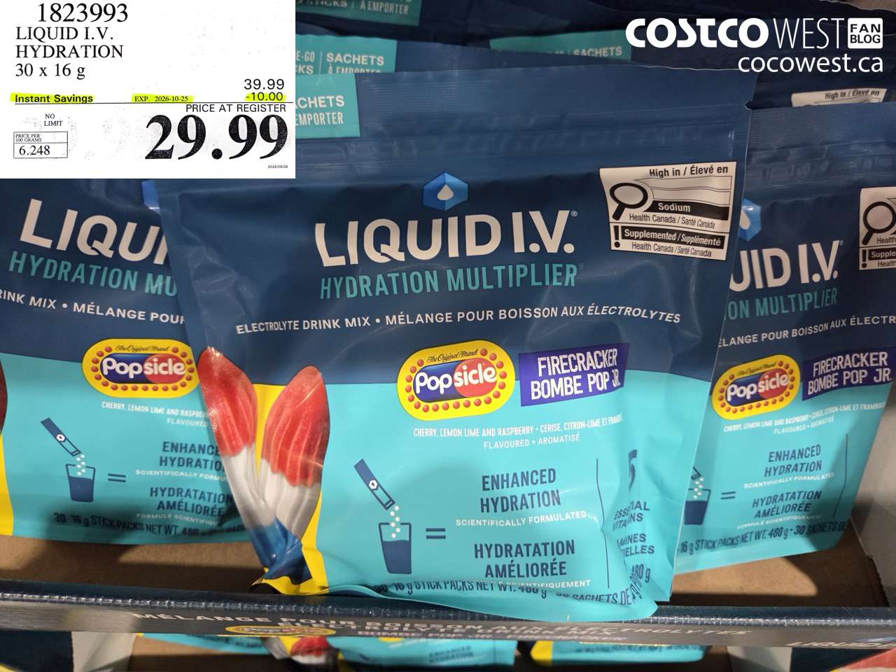 1823993 LIQUID I.V. HYDRATION 30 X 16 G ($10.00 INSTANT SAVINGS EXPIRES ON 2026-10-25) $29.99