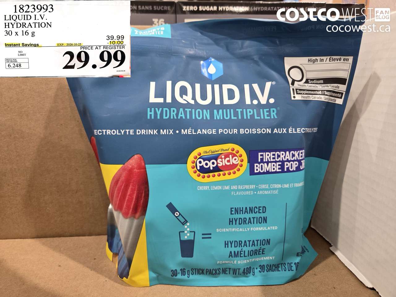 1823993 LIQUID I.V. HYDRATION 30 X 16 G ($10.00 INSTANT SAVINGS EXPIRES ON 2026-10-25) $29.99