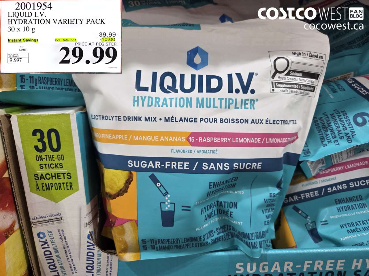 2001954 LIQUID I.V. HYDRATION VARIETY PACK 30 X 10 G ($10.00 INSTANT SAVINGS EXPIRES ON 2026-10-25) $29.99