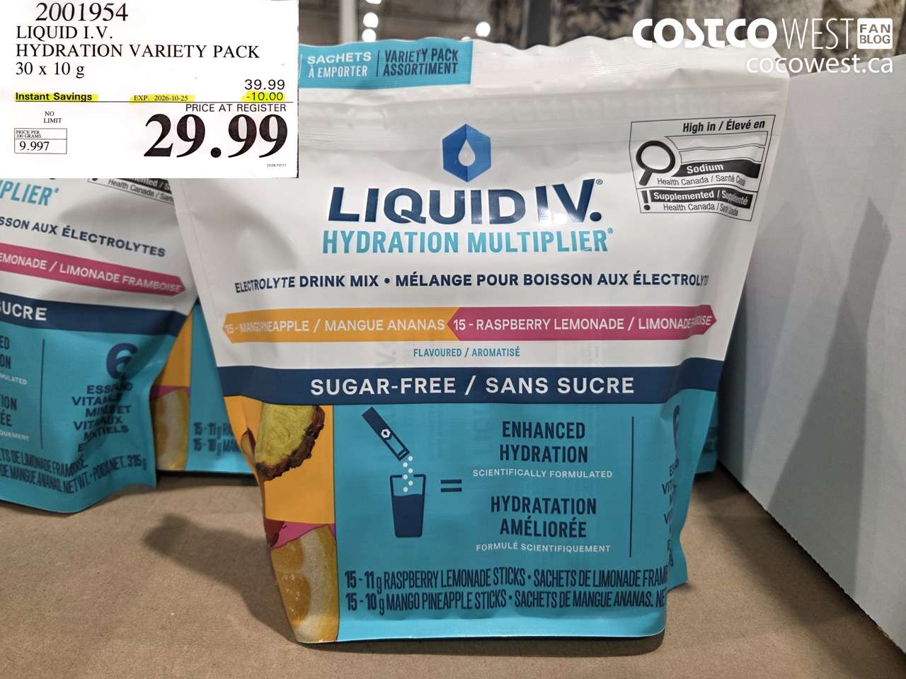 2001954 LIQUID I.V. HYDRATION VARIETY PACK 30 X 10 G ($10.00 INSTANT SAVINGS EXPIRES ON 2026-10-25) $29.99