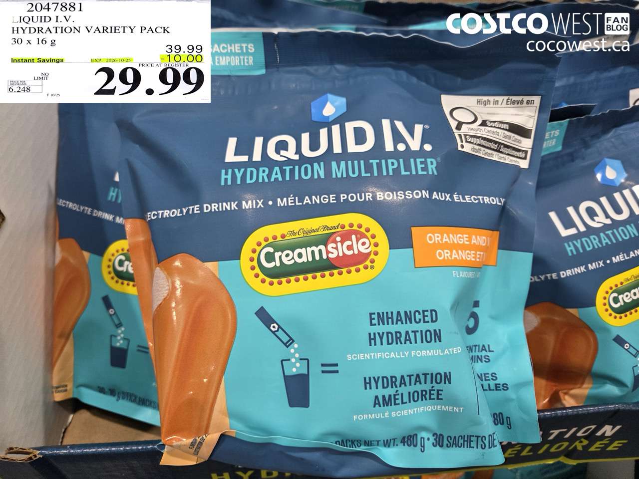 2047881 LIQUID I.V. HYDRATION VARIETY PACK 30 X 16 G ($10.00 INSTANT SAVINGS EXPIRES ON 2026-10-25) $29.99