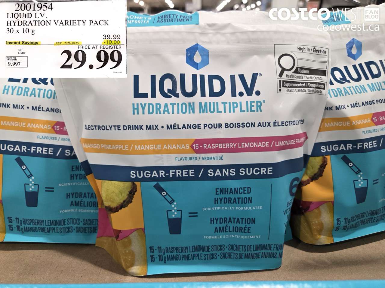 2001954 LIQUID I. V. HYDRATION VARIETY PACK 30 X 10 G ($10.00 INSTANT SAVINGS EXPIRES ON 2026-10-25) $29.99