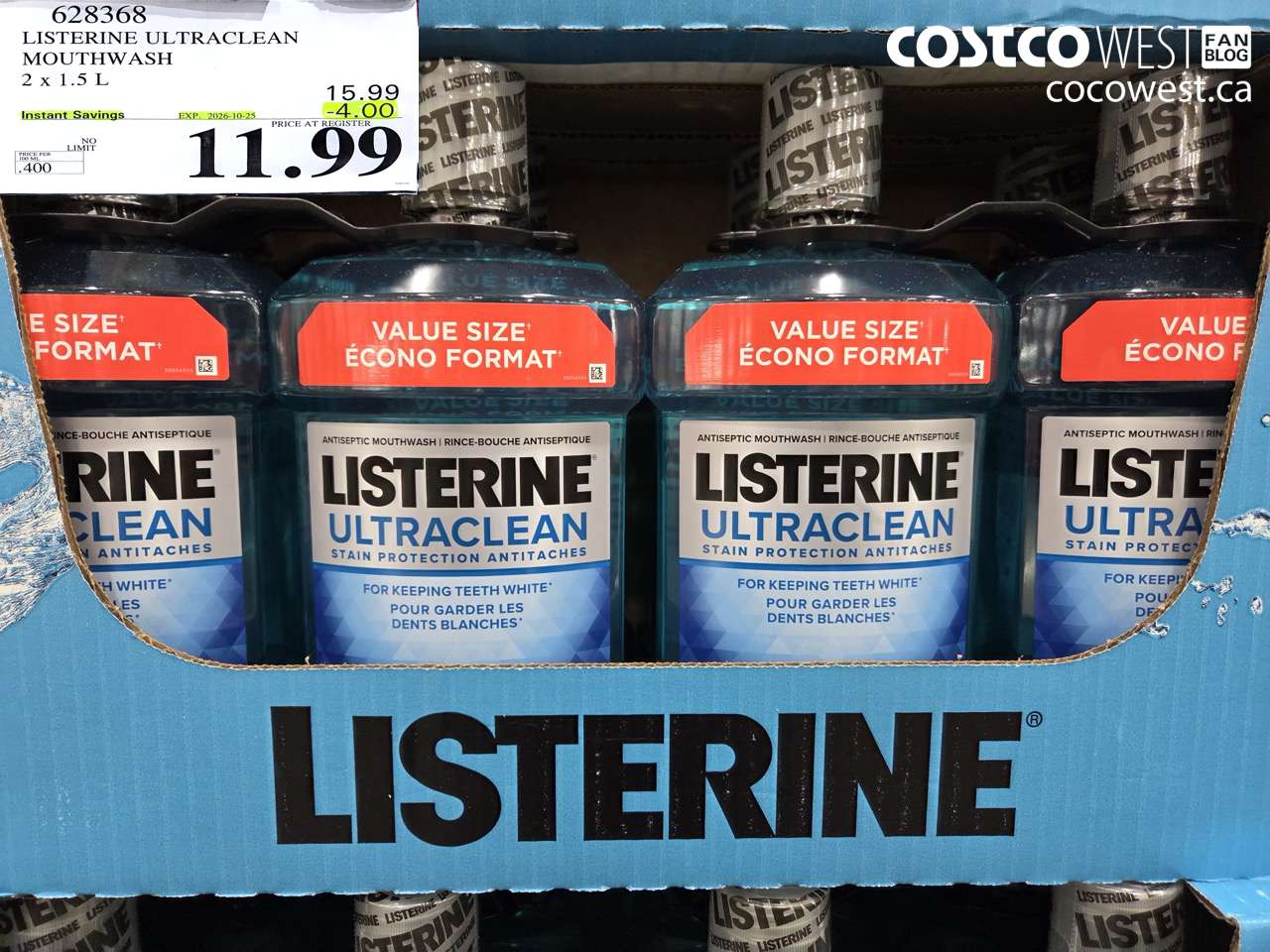 628368 LISTERINE ULTRACLEAN MOUTHWASH 2 X 1.5 L ($4.00 INSTANT SAVINGS EXPIRES ON 2026-10-25) $11.99