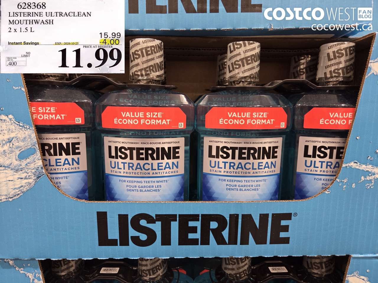 628368 LISTERINE ULTRACLEAN MOUTHWASH 2 X 1.5 L ($4.00 INSTANT SAVINGS EXPIRES ON 2026-10-25) $11.99