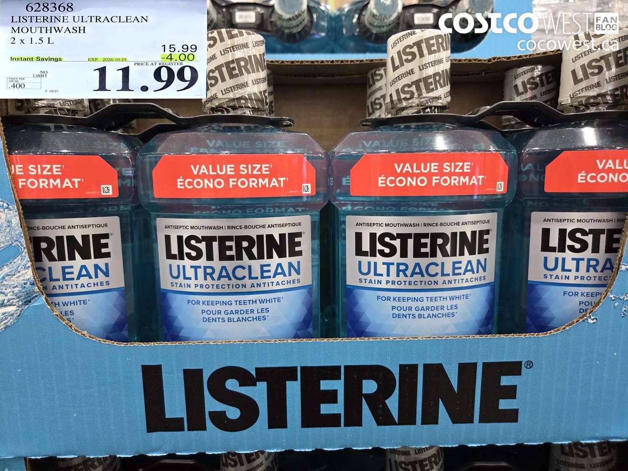 628368 LISTERINE ULTRACLEAN MOUTHWASH 2 X 1.5 L ($4.00 INSTANT SAVINGS EXPIRES ON 2026-10-25) $11.99